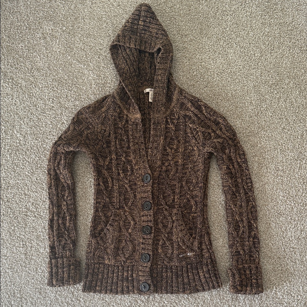 DKNY Women’s Chocolate Cable Knit Hooded Cardigan Size Small